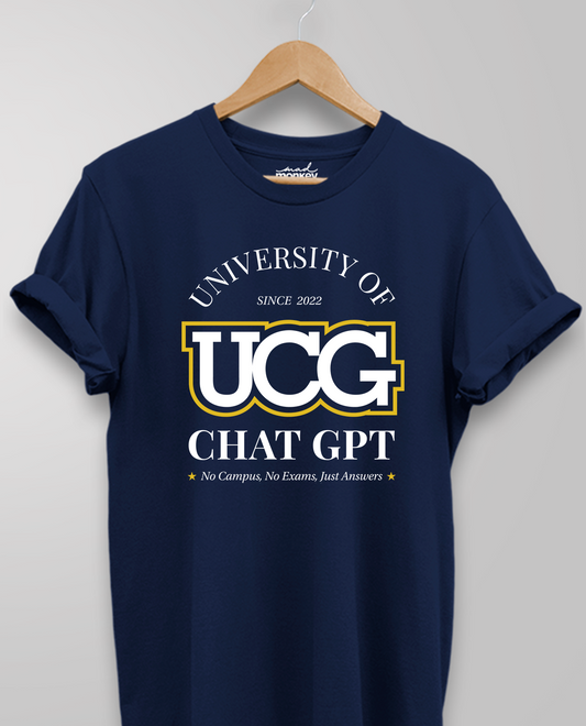 University of Chat GPT, Unisex T-shirt, Navy Blue, AI-inspired, Casual Wear, Trendy, Soft Fabric, Comfortable Fit, Graphic Tee, Tech Enthusiast, Machine Learning, AI Lovers, Minimalist Design