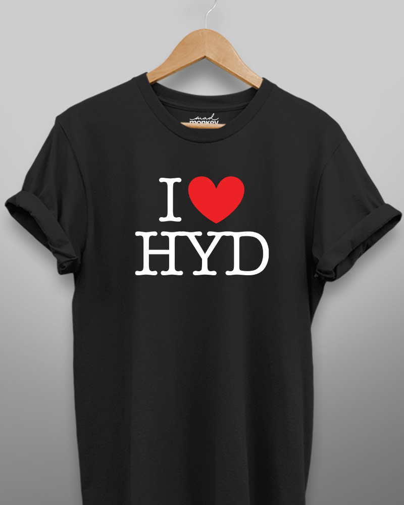 I Love Hyd, Unisex T-shirt, Black, Hyderabad, Casual Wear, Cotton T-shirt, Trendy, Comfort Fit, Graphic Tee, Mad Monkey Store