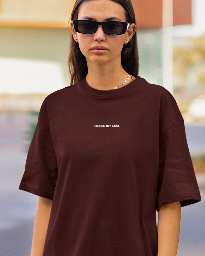 Oversized Telugu Minimals : Na Saav Nen Sasta Maroon Unisex T-shirt