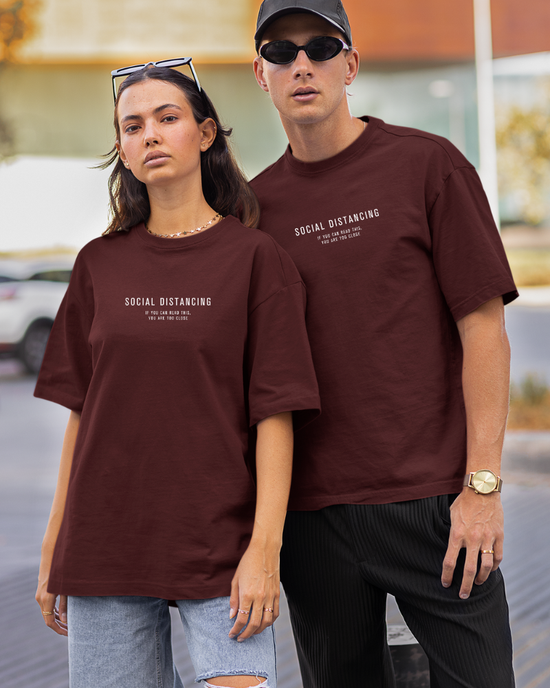 Oversized Drip Minimals :  Social Distancing  Maroon Unisex T-shirt