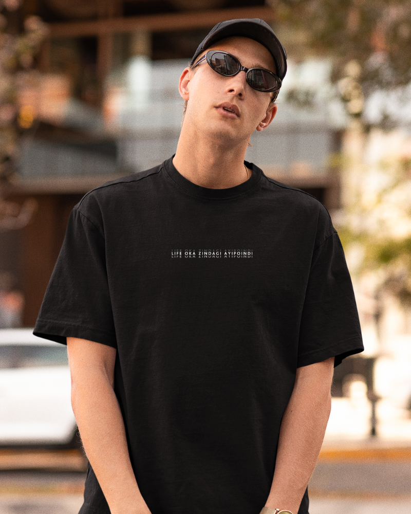 Oversized Telugu Minimals : Life Oka Zindagi Aipoindi Black Unisex T-shirt