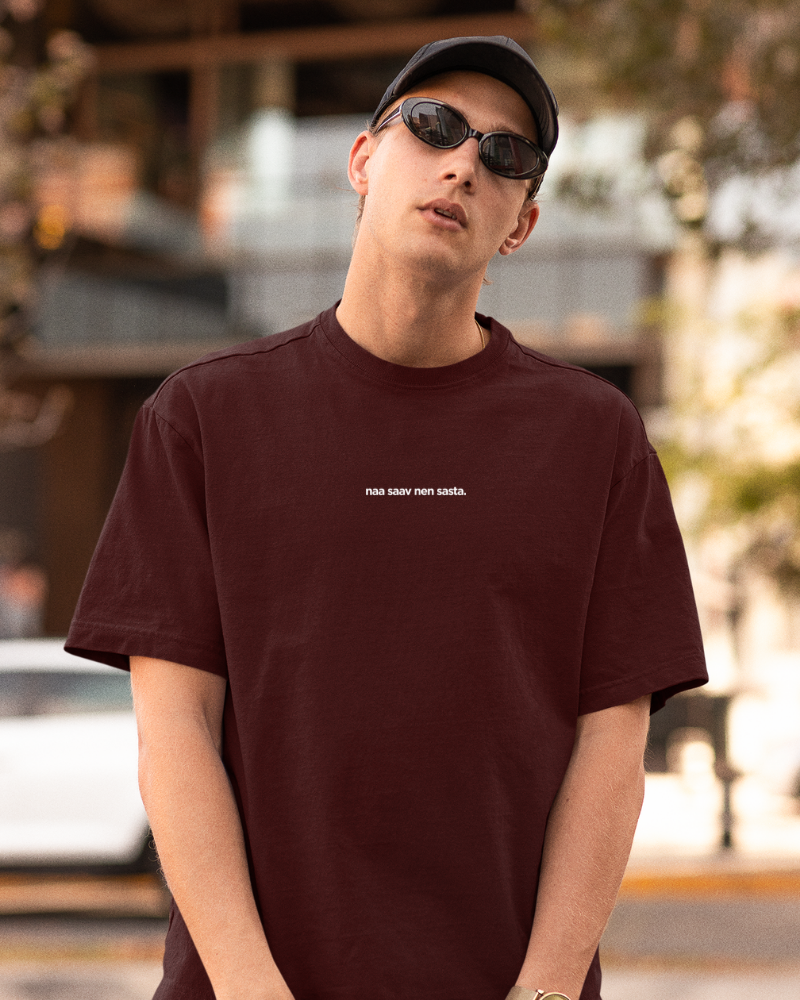 Oversized Telugu Minimals : Na Saav Nen Sasta Maroon Unisex T-shirt